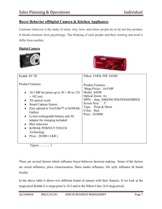 Sales Planning & Operations Individual
ALI SAMAH BM/C/43/01 HND IN BUSINESS MANAGEMNT Page 7
Buyer Behavior ofDigital Camera & Kitchen Appliances
Customer behavior is the study of when, why, how, and where people do or do not buy product.
It blends elements from psychology. The thinking of each people and their wanting and need is
differ from another.
Digital Camera
Kodak AF 3X
Product Features:
10.2 MP for prints up to 30 × 40 in. (76
× 102 cm)
3X optical zoom
Smart Capture feature
Easy upload to YouTube™ or KODAK
Gallery
Li-Ion rechargeable battery and AC
adapter for charging included
Blur reduction
KODAK PERFECT TOUCH
Technology
Price : 20,000 ( LKR )
Nikon COOL PIX S4200
Product Features :
Mega Pixies : 16.0 MP
Model S4200
Optical Zoom: 6x
MPN: ebay_NIKONCOOLPIXS4200RED
Screen Size: 3"
Type: Point & Shoot
Color: Red
Price : 36,0000
Figure……….. 1
There are several factors which influence buyer behavior decision making. Some of the factors
are social influence, price consciousness, Mass media influence, life style influence & brand
loyalty.
In the above table it shows two different brand of camera with their features. If we look at the
mega pixel Kodak it is mega pixel is 10.2 and in the Nikon it has 16.0 mega pixels.
 