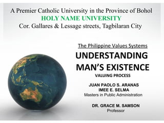 A Premier Catholic University in the Province of Bohol
HOLY NAME UNIVERSITY
Cor. Gallares & Lessage streets, Tagbilaran City
The Philippine Values Systems
UNDERSTANDING
MAN’S EXISTENCE
VALUING PROCESS
JUAN PAOLO S. ARANAS
IMEE E. SELMA
Masters in Public Administration
DR. GRACE M. SAMSON
Professor
 