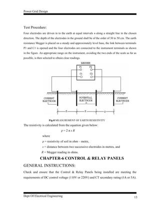 Power Grid Design
Test Procedure:
Four electrodes are driven in to the earth at equal intervals s along a straight line in the chosen
direction. The depth of the electrodes in the ground shall be of the order of 30 to 50 cm. The earth
resistance Megger is placed on a steady and approximately level base, the link between terminals
P1 and C1 is opened and the four electrodes are connected to the instrument terminals as shown
in the figure. An appropriate range on the instrument, avoiding the two ends of the scale as far as
possible, is then selected to obtain clear readings.
Fig-8 MEASUREMENT OF EARTH RESISTIVITY
The resistivity is calculated from the equation given below:
ρ = 2 π s R
where
ρ = resistivity of soil in ohm – metre,
s = distance between two successive electrodes in metres, and
R = Megger reading in ohms.
CHAPTER-6 CONTROL & RELAY PANELS
GENERAL INSTRUCTIONS:
Check and ensure that the Control & Relay Panels being installed are meeting the
requirements of DC control voltage (110V or 220V) and CT secondary rating (1A or 5A).
Dept Of Electrical Engineering 13
 