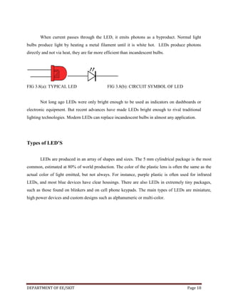 When current passes through the LED, it emits photons as a byproduct. Normal light
bulbs produce light by heating a metal filament until it is white hot. LEDs produce photons
directly and not via heat, they are far more efficient than incandescent bulbs.

FIG 3.8(a): TYPICAL LED

FIG 3.8(b): CIRCUIT SYMBOL OF LED

Not long ago LEDs were only bright enough to be used as indicators on dashboards or
electronic equipment. But recent advances have made LEDs bright enough to rival traditional
lighting technologies. Modern LEDs can replace incandescent bulbs in almost any application.

Types of LED’S
LEDs are produced in an array of shapes and sizes. The 5 mm cylindrical package is the most
common, estimated at 80% of world production. The color of the plastic lens is often the same as the
actual color of light emitted, but not always. For instance, purple plastic is often used for infrared
LEDs, and most blue devices have clear housings. There are also LEDs in extremely tiny packages,
such as those found on blinkers and on cell phone keypads. The main types of LEDs are miniature,
high power devices and custom designs such as alphanumeric or multi-color.

DEPARTMENT OF EE/SKIT

Page 18

 