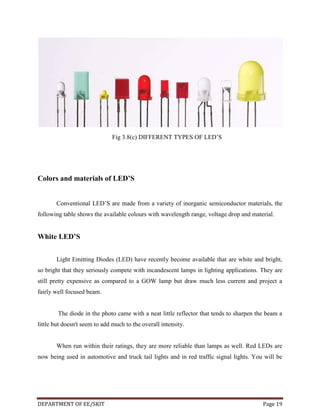Fig 3.8(c) DIFFERENT TYPES OF LED’S

Colors and materials of LED’S
Conventional LED’S are made from a variety of inorganic semiconductor materials, the
following table shows the available colours with wavelength range, voltage drop and material.

White LED’S
Light Emitting Diodes (LED) have recently become available that are white and bright,
so bright that they seriously compete with incandescent lamps in lighting applications. They are
still pretty expensive as compared to a GOW lamp but draw much less current and project a
fairly well focused beam.

The diode in the photo came with a neat little reflector that tends to sharpen the beam a
little but doesn't seem to add much to the overall intensity.

When run within their ratings, they are more reliable than lamps as well. Red LEDs are
now being used in automotive and truck tail lights and in red traffic signal lights. You will be

DEPARTMENT OF EE/SKIT

Page 19

 