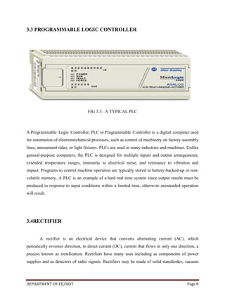 3.3 PROGRAMMABLE LOGIC CONTROLLER

FIG 3.3: A TYPICAL PLC

A Programmable Logic Controller, PLC or Programmable Controller is a digital computer used
for automation of electromechanical processes, such as control of machinery on factory assembly
lines, amusement rides, or light fixtures. PLCs are used in many industries and machines. Unlike
general-purpose computers, the PLC is designed for multiple inputs and output arrangements,
extended temperature ranges, immunity to electrical noise, and resistance to vibration and
impact. Programs to control machine operation are typically stored in battery-backed-up or nonvolatile memory. A PLC is an example of a hard real time system since output results must be
produced in response to input conditions within a limited time, otherwise unintended operation
will result.

3.4RECTIFIER

A rectifier is an electrical device that converts alternating current (AC), which
periodically reverses direction, to direct current (DC), current that flows in only one direction, a
process known as rectification. Rectifiers have many uses including as components of power
supplies and as detectors of radio signals. Rectifiers may be made of solid statediodes, vacuum

DEPARTMENT OF EE/SKIT

Page 8

 