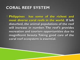 CORAL REEF SYSTEM
 Philippines

has some of the richest and
most diverse coral reefs in the world. If left
disturbed, the animal populations of the reef
will increase in number. The reef ’s provides
recreation and tourism opportunities due its
magnificent beauty. Taking good care of the
coral reef ecosystem is essential.

 