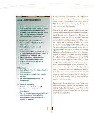 FIGURE 2.

artifacts that represented aspects of the school’s program, and interviewing parents, students, teachers,
board members, administrators, and district liaisons.
At each school, a set of questions guided the observations and interviews (see ﬁgure 2).

Framework for Site Analysis

I. Mission
›› Is the school’s mission clear, concise, and achievable?
›› Can the whole school community articulate the school’s

Among the eight schools represented in this guide, three
consider themselves middle schools, one is a comprehensive K-12 school, one is 5-12, another is K-8, and two are
elementary schools, one of which includes a preschool
program. Student enrollment ranges from 182 at a middle school to 850 at an elementary school. At three of
the schools, more than 80 percent of the students qualify
for subsidized meals; at three other schools, the percentage is about 20 or less. Three of the schools are chartered
by their state, four hold a charter from the local district,
and one is chartered by a special chartering authority.
The oldest of these schools has been in existence for 10
years; most are ﬁve or six years old. Programs vary from
college prep to project-based learning, from an arts emphasis to bilingual education. Several programs feature
non-violence or character education. Part II presents a
concrete portrait of each school, a snapshot seeking to
capture the particular ambience of the school culture, its
distinctive mission and instructional program, and how
it has gone about creating a learning community for its
particular school population.

mission, expectations of students and faculty, the

››

school’s educational program, and the school’s values?
In what ways does the school’s mission guide
educational practice and improvement over time?

II. School Operations and Educational Program
›› What is innovative about the school’s structure
and programs?
›› How does the school meet the needs of its
student population?

›› How is the school using data to inﬂuence the curriculum,
the instructional program, interventions for students, and

››

improvements in the program over time?
How has the school built organizational capacity,
including professional development for staff?

›› How has the school achieved and maintained
ﬁnancial stability?
III. Stakeholders
›› How does the school ensure that all stakeholders have
shared expectations?

›› How does the school attract parents and respond to
their input?

›› What community partnerships contribute to the
school’s success?

As remarkably diverse as these schools are, they share
certain fundamental qualities, core features that seem
to be at the heart of the charter process. Part I of the
guide highlights those necessary elements of creating
an effective charter school.

IV. Chartering and Accountability
›› Why did the school go the chartering route?
›› What is the school’s relationship with the
chartering agency?

›› What is the school’s comprehensive accountability plan?
›› How do the conditions of chartering (ﬂexibility,
accountability, and choice) inﬂuence the school’s
operations and its success?

4

 