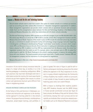 FIGURE 3.

Mosaica and the Arts and Technology Academy

Not all charter schools want to start from scratch. One option for charter schools is to contract out services
such as accounting and other central ofﬁce functions to “education management organizations.” In addition,
these management organizations can provide charter schools with an operational structure and curriculum
model. Such are the arrangements in place between the Arts and Technology Academy in the District of Columbia and Mosaica Education, Inc., which has relationships with 24 charter schools nationally.
The Arts and Technology Academy (ATA) operates as an LEA with a budget of just over $5,320,000 (2001–02).
The school pays Mosaica an annual fee of $610,000 to provide central ofﬁce management functions and the
Mosaica Educational Model. Aspects of this model in place at ATA include the extended school day and calendar year, a commitment to student and teacher facility with technology, foreign language instruction beginning
in kindergarten, and Mosaica’s interdisciplinary Paragon “world ideas” social studies curriculum, which complements ATA’s and Mosaica’s focus on the arts. Direct Instruction in reading and mathematics are also a Mosaica
feature adopted by ATA. In addition to all that ATA has implemented from the Mosaica model, the school has
negotiated variations from the model as well. For example, when a new principal came to ATA, he asked the
school board to add the 100 Book Challenge to the school’s reading program, to balance the existing skills
focus with more literature. The board president and principal noted both a “healthy tension” between ATA and
its management company and the importance of a strong board for negotiations.
Mosaica Education’s Web site is http://www.mosaicaeducation.com/index.html.

place of grades. The rubric in ﬁgure 4, used for self-reﬂection and program monitoring, shows how the school
deﬁnes this approach. In St. Paul, responsive to its mission in a gang-infested neighborhood, the Community
of Peace Academy has created a whole co-curriculum,
in and outside of class, focused on peace building and
fostering justice and a non-violent lifestyle.
With a mission to challenge their students academi-

MISSION-RESPONSIVE CURRICULUM AND PEDAGOGY

cally, KIPP Academy Houston and the BASIS School,

At the School of Arts and Sciences in Tallahassee, curriculum and instruction are responsive to the developmental approach to learning called for in the school’s

in Tucson provide accelerated curricula (see ﬁgure 5).

mission. The program features thematic, interdisciplinary

typically use textbooks. Other schools have adopted exter-

instruction, project-based learning, and portfolios in

nal models such as the Advanced Placement curriculum

Some schools, like Roxbury Prep and the School of Arts
and Sciences, develop their own curricula and do not

7

Innovations in Education: Successful Charter Schools

innovation. At one charter school, innovation takes the
shape of a longer school day; at another, it is in the
teaching pedagogy or scheduling conﬁguration. While
such practices may have been developed and tried in
other places across the country, the novel ways charter
schools can put them together often results in a school
culture and operational structure quite different from
those in neighboring schools.

 