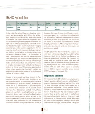 BASIS School, Inc.
Tucson, Ariz.

Year First Chartered
and Authorizer
1998
State

Grades

Enrollment

English
Learners

Subsidized
Meals

Special
Needs

Per Pupil
Spending

5–12

246

1%

Not
applicable

1%

$5,339

In the midst of a national focus on educational performance and accountability, BASIS School, Inc. achieves
both through its priorities of hard work and academic
achievement. The school’s mission is to provide a rigorous academic background to prepare students for college, with an emphasis on a classical liberal arts education based on European education practices. Struggling
students receive extra academic support until they can
meet the school’s performance standards, and teachers
are hired not on the basis of certiﬁcation but according
to their level of expertise. Of the 19 faculty members, 10
have a master’s degree, and two have doctorate degrees,
all in the subjects they are teaching. BASIS parents, who
maintain an active community dialogue, adhere strongly
to the school’s mission. Says one parent, “The workload
is hard, but it brings a sense of satisfaction and prepares
children for the real world.” Students too appreciate their
school culture, reporting that the school’s small size and
emphasis on enabling every student to succeed makes it
feel like “an extended family.”
Housed in a converted one-story structure in Tucson, Ariz., the BASIS School is open to children of any
background or ability, including those who qualify for
special education. The school serves a student population that is 74 percent white, 12 percent Hispanic,
10 percent Asian American, and 4 percent African
American. The 246 students in grades 5–12 must take a
placement exam before enrolling. Students who place
below their desired grade level are offered such options
as remedial work in summer school, a retake of the
placement exam after home preparation, or enrollment
in a lower grade. Consistent with the school’s liberal
arts focus, students in all grade levels take courses in

language, literature, history, art, philosophy, mathematics, and science, in a curriculum that is aligned with
the Arizona State Standards and also exceeds those requirements in many areas. Sports and ﬁne arts courses
are offered to all students, and middle school students
take physical education. After some pressure from parents, after-school sports, band, and other courses and
activities were added.
The BASIS School is the brainchild of a husband and
wife team, both economists, who founded the school
to combine their idea of the best from European and
American educational traditions. The European tradition, they feel, provides academic rigor, while the
American tradition promotes creativity, problem solving, free expression, and a sense of community. Chartered in 1998, the BASIS School proved so successful
that in 2001 its founders opened a second campus,
BASIS Scottsdale, in Scottsdale, Ariz.

Program and Operations
The mission of the BASIS School drives every aspect of
its daily operations. School leaders are guided by a selfdescribed “bias toward traditional teaching.” They strive
“to avoid educational fads and empty slogans and to
put substance above form.” Faculty, parents, and students fully understand that the students are expected
to work hard at courses that are more rigorous than
most of those at similar grade levels in local schools.
All students begin taking algebra in the seventh grade
and move on to calculus in high school. Sixth-graders study Latin to prepare for learning scientiﬁc terms
and romance languages, seventh-graders take public

27

Innovations in Education: Successful Charter Schools

Location

 