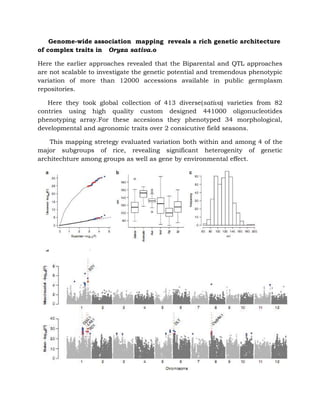 Genome-wide association mapping reveals a rich genetic architecture
of complex traits in Oryza sativa.o
Here the earlier approaches revealed that the Biparental and QTL approaches
are not scalable to investigate the genetic potential and tremendous phenotypic
variation of more than 12000 accessions available in public germplasm
repositories.
Here they took global collection of 413 diverse(sativa) varieties from 82
contries using high quality custom designed 441000 oligonucleotides
phenotyping array.For these accesions they phenotyped 34 morphological,
developmental and agronomic traits over 2 consicutive field seasons.
This mapping stretegy evaluated variation both within and among 4 of the
major subgroups of rice, revealing significant heterogenity of genetic
architechture among groups as well as gene by environmental effect.
 
