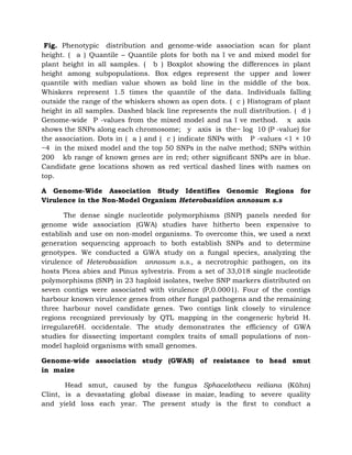 Fig. Phenotypic distribution and genome-wide association scan for plant
height. ( a ) Quantile – Quantile plots for both na ï ve and mixed model for
plant height in all samples. ( b ) Boxplot showing the differences in plant
height among subpopulations. Box edges represent the upper and lower
quantile with median value shown as bold line in the middle of the box.
Whiskers represent 1.5 times the quantile of the data. Individuals falling
outside the range of the whiskers shown as open dots. ( c ) Histogram of plant
height in all samples. Dashed black line represents the null distribution. ( d )
Genome-wide P -values from the mixed model and na ï ve method. x axis
shows the SNPs along each chromosome; y axis is the− log 10 (P -value) for
the association. Dots in ( a ) and ( c ) indicate SNPs with P -values <1 × 10
−4 in the mixed model and the top 50 SNPs in the naïve method; SNPs within
200 kb range of known genes are in red; other signiﬁcant SNPs are in blue.
Candidate gene locations shown as red vertical dashed lines with names on
top.
A Genome-Wide Association Study Identifies Genomic Regions for
Virulence in the Non-Model Organism Heterobasidion annosum s.s
The dense single nucleotide polymorphisms (SNP) panels needed for
genome wide association (GWA) studies have hitherto been expensive to
establish and use on non-model organisms. To overcome this, we used a next
generation sequencing approach to both establish SNPs and to determine
genotypes. We conducted a GWA study on a fungal species, analyzing the
virulence of Heterobasidion annosum s.s., a necrotrophic pathogen, on its
hosts Picea abies and Pinus sylvestris. From a set of 33,018 single nucleotide
polymorphisms (SNP) in 23 haploid isolates, twelve SNP markers distributed on
seven contigs were associated with virulence (P,0.0001). Four of the contigs
harbour known virulence genes from other fungal pathogens and the remaining
three harbour novel candidate genes. Two contigs link closely to virulence
regions recognized previously by QTL mapping in the congeneric hybrid H.
irregulare6H. occidentale. The study demonstrates the efficiency of GWA
studies for dissecting important complex traits of small populations of non-
model haploid organisms with small genomes.
Genome-wide association study (GWAS) of resistance to head smut
in maize
Head smut, caused by the fungus Sphacelotheca reiliana (Kühn)
Clint, is a devastating global disease in maize, leading to severe quality
and yield loss each year. The present study is the ﬁrst to conduct a
 
