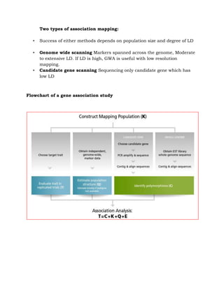 Two types of association mapping:
• Success of either methods depends on population size and degree of LD
• Genome wide scanning Markers spanned across the genome, Moderate
to extensive LD. If LD is high, GWA is useful with low resolution
mapping.
• Candidate gene scanning Sequencing only candidate gene which has
low LD
Flowchart of a gene association study
 