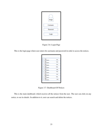 Figure 3.6: Login Page
This is the login page where user enters his username and password in order to access the notices.
Figure 3.7: Dashboard Of Notices
This is the main dashboard, which receives all the notices from the user. The user can click on any
notice, to see its details. In addition to it, user can search and delete the notices.
33
 