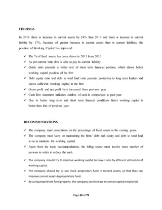 Page 65 of 71 
FINDINGS 
In 2011 there is increase in current assets by 24% than 2010 and there is increase in current 
liability by 17%, because of greater increase in current assets than in current liabilities, the 
position of Working Capital has improved. 
 The % of fixed assets has come down in 2011 from 2010 
 As per current ratio firm is able to pay its current liability 
 Quick ratio presents a better test of short term financial position, which shows better 
working capital position of the firm 
 Debt equity ratio and debt to total fund ratio presents protection to long term lenders and 
shows sufficient working capital in the firm 
 Gross profit and net profit have increased from previous year 
 Cash flow statement indicates outflow of cash in comparison to past year 
 Due to better long term and short term financial conditions firm’s working capital is 
better than that of previous year. 
RECOMMENDATIONS 
 The company must concentrate on the percentage of fixed assets in the coming years. 
 The company must keep on maintaining the firms’ debt and equity and debt to total fund 
so as to maintain the working capital. 
 Apart from the topic recommendations, the billing sector must involve more number of 
persons in order to reduce the rush. 
 The company should try to improve working capital turnover ratio by efficient utilization of 
working capital. 
 The company should try to use more proprietors fund in current assets, so that they can 
improve current assets to proprietors fund. 
 By using proprietors fund properly, the company can increase return on capital employed. 
 