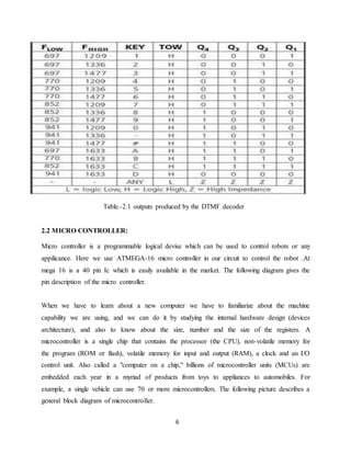 Table.-2.1 outputs produced by the DTMF decoder 
6 
2.2 MICRO CONTROLLER: 
Micro controller is a programmable logical devise which can be used to control robots or any 
appilicance. Here we use ATMEGA-16 micro controller in our circuit to control the robot .At 
mega 16 is a 40 pin Ic which is easily available in the market. The following diagram gives the 
pin description of the micro controller. 
When we have to learn about a new computer we have to familiarize about the machine 
capability we are using, and we can do it by studying the internal hardware design (devices 
architecture), and also to know about the size, number and the size of the registers. A 
microcontroller is a single chip that contains the processor (the CPU), non-volatile memory for 
the program (ROM or flash), volatile memory for input and output (RAM), a clock and an I/O 
control unit. Also called a "computer on a chip," billions of microcontroller units (MCUs) are 
embedded each year in a myriad of products from toys to appliances to automobiles. For 
example, a single vehicle can use 70 or more microcontrollers. The following picture describes a 
general block diagram of microcontroller. 
 