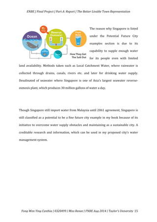   ENBE	
  |	
  Final	
  Project	
  |	
  Part	
  A:	
  Report	
  |	
  The	
  Better	
  Livable	
  Town	
  Representation	
  
	
  
	
   Fong	
  Wen	
  Ying	
  Cynthia	
  |	
  0320499	
  |	
  Miss	
  Renee	
  |	
  FNBE	
  Aug	
  2014	
  |	
  Taylor’s	
  University	
   15	
  
	
  
The	
  reason	
  why	
  Singapore	
  is	
  listed	
  
under	
   the	
   Potential	
   Future	
   City	
  
examples	
   section	
   is	
   due	
   to	
   its	
  
capability	
   to	
   supple	
   enough	
   water	
  
for	
   its	
   people	
   even	
   with	
   limited	
  
land	
   availability.	
   Methods	
   taken	
   such	
   as	
   Local	
   Catchment	
   Water,	
   where	
   rainwater	
   is	
  
collected	
   through	
   drains,	
   canals,	
   rivers	
   etc.	
   and	
   later	
   for	
   drinking	
   water	
   supply.	
  
Desalinated	
   of	
   seawater	
   where	
   Singapore	
   is	
   one	
   of	
   Asia’s	
   largest	
   seawater	
   reverse-­‐
osmosis	
  plant,	
  which	
  produces	
  30	
  million	
  gallons	
  of	
  water	
  a	
  day.	
  	
  
	
  
	
  
Though	
  Singapore	
  still	
  import	
  water	
  from	
  Malaysia	
  until	
  2061	
  agreement,	
  Singapore	
  is	
  
still	
  classified	
  as	
  a	
  potential	
  to	
  be	
  a	
  fine	
  future	
  city	
  example	
  in	
  my	
  book	
  because	
  of	
  its	
  
initiative	
  to	
  overcome	
  water	
  supply	
  obstacles	
  and	
  maintaining	
  as	
  a	
  sustainable	
  city.	
  A	
  
creditable	
   research	
   and	
   information,	
   which	
   can	
   be	
   used	
   in	
   my	
   proposed	
   city’s	
   water	
  
management	
  system.	
  	
  
 