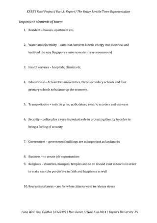   ENBE	
  |	
  Final	
  Project	
  |	
  Part	
  A:	
  Report	
  |	
  The	
  Better	
  Livable	
  Town	
  Representation	
  
	
  
	
   Fong	
  Wen	
  Ying	
  Cynthia	
  |	
  0320499	
  |	
  Miss	
  Renee	
  |	
  FNBE	
  Aug	
  2014	
  |	
  Taylor’s	
  University	
   25	
  
Important	
  elements	
  of	
  town:	
  	
  
1. Resident	
  –	
  houses,	
  apartment	
  etc.	
  
	
  
2. Water	
  and	
  electricity	
  –	
  dam	
  that	
  converts	
  kinetic	
  energy	
  into	
  electrical	
  and	
  
imitated	
  the	
  way	
  Singapore	
  reuse	
  seawater	
  (reverse-­‐osmosis)	
  
	
  
3. Health	
  services	
  –	
  hospitals,	
  clicnics	
  etc.	
  
	
  
4. Educational	
  –	
  At	
  least	
  two	
  universities,	
  three	
  secondary	
  schools	
  and	
  four	
  	
  	
  	
  	
  	
  
primary	
  schools	
  to	
  balance	
  up	
  the	
  economy.	
  
	
  
5. Transportation	
  –	
  only	
  bicycles,	
  walkalators,	
  electric	
  scooters	
  and	
  subways	
  	
  
	
  
6. Security	
  –	
  police	
  play	
  a	
  very	
  important	
  role	
  in	
  protecting	
  the	
  city	
  in	
  order	
  to	
  
bring	
  a	
  feeling	
  of	
  security	
  	
  
	
  
7. Government	
  –	
  government	
  buildings	
  are	
  as	
  important	
  as	
  landmarks	
  
	
  
8. Business	
  –	
  to	
  create	
  job	
  opportunities	
  	
  
9. Religious	
  –	
  churches,	
  mosques,	
  temples	
  and	
  so	
  on	
  should	
  exist	
  in	
  towns	
  in	
  order	
  
to	
  make	
  sure	
  the	
  people	
  live	
  in	
  faith	
  and	
  happiness	
  as	
  well	
  
	
  
10. Recreational	
  areas	
  –	
  are	
  for	
  when	
  citizens	
  want	
  to	
  release	
  stress	
  
	
  
	
  
 