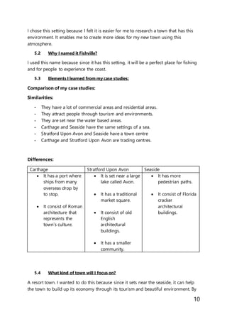 10
I chose this setting because I felt it is easier for me to research a town that has this
environment. It enables me to create more ideas for my new town using this
atmosphere.
5.2 Why I named it Fishville?
I used this name because since it has this setting, it will be a perfect place for fishing
and for people to experience the coast.
5.3 Elements I learned from my case studies:
Comparison of my case studies:
Similarities:
- They have a lot of commercial areas and residential areas.
- They attract people through tourism and environments.
- They are set near the water based areas.
- Carthage and Seaside have the same settings of a sea.
- Stratford Upon Avon and Seaside have a town centre
- Carthage and Stratford Upon Avon are trading centres.
Differences:
Carthage Stratford Upon Avon Seaside
 It has a port where
ships from many
overseas drop by
to stop.
 It consist of Roman
architecture that
represents the
town’s culture.
 It is set near a large
lake called Avon.
 It has a traditional
market square.
 It consist of old
English
architectural
buildings.
 It has a smaller
community.
 It has more
pedestrian paths.
 It consist of Florida
cracker
architectural
buildings.
5.4 What kind of town will I focus on?
A resort town. I wanted to do this because since it sets near the seaside, it can help
the town to build up its economy through its tourism and beautiful environment. By
 