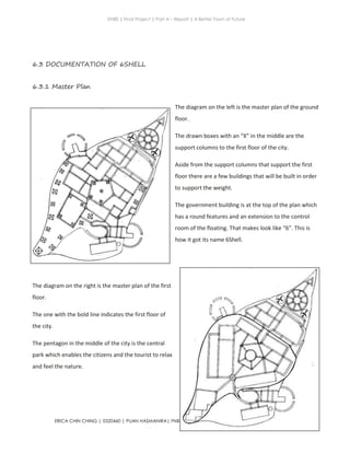 ENBE | Final Project | Part A – Report | A Better Town of Future
ERICA CHIN CHING | 0320460 | PUAN HASMANIRA| FNBE AUG 2014 | TAYLOR’S UNIVERSITY LAKESIDE CAMPUS
6.3 DOCUMENTATION OF 6SHELL
6.3.1 Master Plan
The diagram on the left is the master plan of the ground
floor.
The drawn boxes with an “X” in the middle are the
support columns to the first floor of the city.
Aside from the support columns that support the first
floor there are a few buildings that will be built in order
to support the weight.
The government building is at the top of the plan which
has a round features and an extension to the control
room of the floating. That makes look like “6”. This is
how it got its name 6Shell.
The diagram on the right is the master plan of the first
floor.
The one with the bold line indicates the first floor of
the city.
The pentagon in the middle of the city is the central
park which enables the citizens and the tourist to relax
and feel the nature.
 