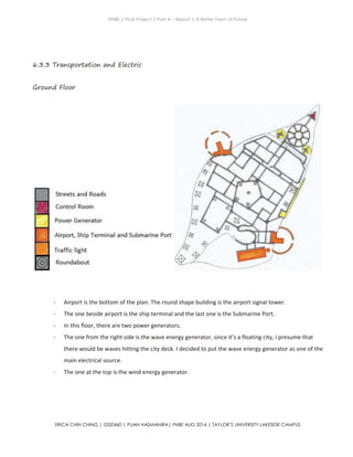 ENBE | Final Project | Part A – Report | A Better Town of Future
ERICA CHIN CHING | 0320460 | PUAN HASMANIRA| FNBE AUG 2014 | TAYLOR’S UNIVERSITY LAKESIDE CAMPUS
6.3.3 Transportation and Electric
Ground Floor
- Airport is the bottom of the plan. The round shape building is the airport signal tower.
- The one beside airport is the ship terminal and the last one is the Submarine Port.
- In this floor, there are two power generators.
- The one from the right side is the wave energy generator, since it’s a floating city, I presume that
there would be waves hitting the city deck. I decided to put the wave energy generator as one of the
main electrical source.
- The one at the top is the wind energy generator.
 
