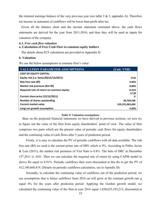 the retained earnings balance of the very previous year (see table 2 & 3, appendix A). Therefore
net income in statement of cashflows will be lower than profit after tax.
Given all the balance sheet and the income statement estimated above, the cash flows
statements are derived for the year from 2011-2016, and then they will be used as inputs for
valuation of the company.
6.3. Free cash flow valuation
a. Calculation of Free Cash Flow to common equity holders
The details about FCF calculation are provided in Appendix D
b. Valuation
We use the below assumptions to estimate firm’s value:
VALUATION PARAMETER ASSUMPTIONS (Unit: VND)
COST OF EQUITY CAPITAL:
Equity risk (i.e. beta) (ß)(15/12/2011) -0.01
Risk free rate (Rf) 9.00%
Market risk premium (Rm-Rf) 8.80%
Required rate of return on common equity: 8.91%
Current share price (15/12/2011)
17,20
0
Number of shares outstanding 30,769,248
Current market value 529,231,065,600
Long-run growth assumption 4.00%
Table 9: Valuation assumptions
Base on the projected financial statements we have derived in previous sections, we now try
to figure out the value of the firm from equity shareholders’ point of view. The value of firm
comprises two parts which are the present value of periodic cash flows for equity shareholders
and the continuing value of cash flows after 5 years of prediction period.
Firstly, it is easy to calculate the PV of periodic cashflows with all data available. The risk
free rate (Rf) we used is the current prime rate of SBV which is 9%. According to Pablo, Javier
& Luis (2011), the market risk premium of Viet Nam is 8.8%. The beta of DRC at December
15th
,2011 is -0.01. Then we can calculate the required rate of return by using CAPM model to
derive Re equal to 8.91%. Periodic cashflows then were discounted at this Re to get the PV of
412,180,668,419. (Details on periodic cashflows calculation, see in Apendix D)
Secondly, to calculate the continuing value of cashflows out of the prediction period, we
use assumptions that is future cashflows from 2016 on will grow at the constant growth rate g
equal 4% for the years after prediction period. Applying the Gordon growth model, we
calculated the continuing value of the firm at year 2016 equal 1,030,625,193,213, discounted at
23
 