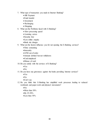 68
7. What type of transaction you made in Internet Banking?
 Bill Payment
Fund transfer
 Investment
 Recharging
 Shopping
8. What are the Problems faced with E-Banking?
 Slow processing speed
 Learning curves
Security fear
Less online enquiry
Bank site charges
9. What are the factors influence you for not opening the E-Banking services?
Time consuming
Insecurity
ATM out of order
Amount debited but not withdrawn
Card misplaced
Misuse of card
10. Do you satisfy with the services of E-Banking?
Yes
No
11. Do you have any grievances against the banks providing Internet services?
Yes
No
Can’t say
12. Do you think that E-Banking has simplified work processes leading to reduced
workloads and paper work and physical movements?
No
More than 50%
By 25-50%
Less than 50%
 