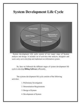 System Testing
Design of System
Implementation Preliminary
Investigation
Determination of
Requirements
Development of
System
System Development Life Cycle
System development Life cycle consist of two major steps of System
analysis and design. It includes set of activities that analysts, designers and
users carry out to develop and implement an information system.
So, here we followed the different stages of system development life
cycle to develop Billing Software efficiently.
The systems development life cycle consists of the following
activities:
1. Preliminary Investigation
2. Determination Requirements
3. Design of System
4. Development of System
 
