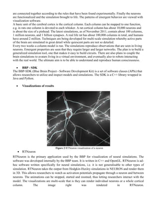 are connected together according to the rules that have been found experimentally. Finally the neurons
are functionalized and the simulation brought to life. The patterns of emergent behavior are viewed with
visualization software.
A basic unit of the cerebral cortex is the cortical column. Each column can be mapped to one function,
e.g. in rats one column is devoted to each whisker. A rat cortical column has about 10,000 neurons and
is about the size of a pinhead. The latest simulations, as of November 2011, contain about 100 columns,
1 million neurons, and 1 billion synapses. A real life rat has about 100,000 columns in total, and humans
have around 2 million. Techniques are being developed for multi-scale simulation whereby active parts
of the brain are simulated in great detail while quiescent parts are not so detailed.
Every two weeks a column model is run. The simulations reproduce observations that are seen in living
neurons. Emergent properties are seen that they require larger and larger networks. The plan is to build a
generalized simulation tool, one that makes it easy to build circuits. There are also plans to couple the
brain simulations to avatars living in a virtual environment, and eventually also to robots interacting
with the real world. The ultimate aim is to be able to understand and reproduce human consciousness.
 BBP - SDK
The BBP-SDK (Blue Brain Project - Software Development Kit) is a set of software classes (APIs) that
allows researchers to utilize and inspect models and simulations. The SDK is a C++ library wrapped in
Java and Python.
 Visualizations of results
Figure 2 RTNeuron visualization of a neuron
 RTNeuron
RTNeuron is the primary application used by the BBP for visualization of neural simulations. The
software was developed internally by the BBP team. It is written in C++ and OpenGL. RTNeuron is ad-
hoc software written specifically for neural simulations, i.e. it is not generalisable to other types of
simulation. RTNeuron takes the output from Hodgkin-Huxley simulations in NEURON and render them
in 3D. This allows researchers to watch as activation potentials propagate through a neuron and between
neurons. The animations can be stopped, started and zoomed, thus letting researchers interact with the
model. The visualizations are multi-scale that is they can render individual neurons or a whole cortical
column. The image right was rendered in RTNeuron.
 