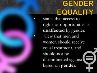 • states that access to
rights or opportunities is
unaffected by gender.
• view that men and
women should receive
equal treatment, and
should not be
discriminated against
based on gender.
 
