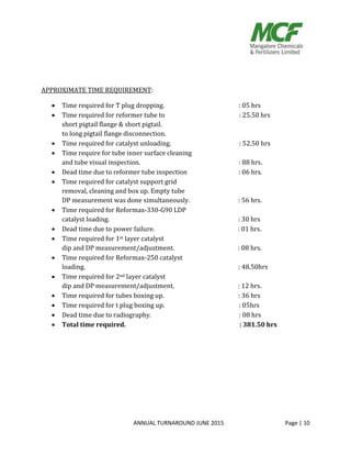 ANNUAL TURNAROUND JUNE 2015 Page | 10
APPROXIMATE TIME REQUIREMENT:
 Time required for T plug dropping. : 05 hrs
 Time required for reformer tube to : 25.50 hrs
short pigtail flange & short pigtail.
to long pigtail flange disconnection.
 Time required for catalyst unloading. : 52.50 hrs
 Time require for tube inner surface cleaning
and tube visual inspection. : 88 hrs.
 Dead time due to reformer tube inspection : 06 hrs.
 Time required for catalyst support grid
removal, cleaning and box up. Empty tube
DP measurement was done simultaneously. : 56 hrs.
 Time required for Reformax-330-G90 LDP
catalyst loading. : 30 hrs
 Dead time due to power failure. : 01 hrs.
 Time required for 1st layer catalyst
dip and DP measurement/adjustment. : 08 hrs.
 Time required for Reformax-250 catalyst
loading. : 48.50hrs
 Time required for 2nd layer catalyst
dip and DP measurement/adjustment. : 12 hrs.
 Time required for tubes boxing up. : 36 hrs
 Time required for t plug boxing up. : 05hrs
 Dead time due to radiography. : 08 hrs
 Total time required. : 381.50 hrs
 