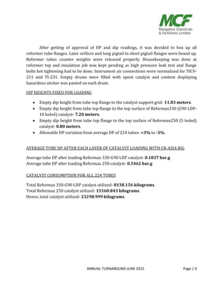 ANNUAL TURNAROUND JUNE 2015 Page | 9
After getting of approval of DP and dip readings, it was decided to box up all
reformer tube flanges. Later orifices and long pigtail to short pigtail flanges were boxed up.
Reformer tubes counter weights were released properly. Housekeeping was done at
reformer top and insulation job was kept pending as high pressure leak test and flange
bolts hot tightening had to be done. Instrument air connections were normalized for TICV-
211 and TI-231. Empty drums were filled with spent catalyst and content displaying
hazardous sticker was pasted on each drum.
DIP HEIGHTS FIXED FOR LOADING
 Empty dip height from tube top flange to the catalyst support grid- 11.83 meters.
 Empty dip height from tube top flange to the top surface of Reformax330 (G90 LDP-
10 holed) catalyst- 7.20 meters.
 Empty dip height from tube top flange to the top surface of Reformax250 (5 holed)
catalyst- 0.80 meters.
 Allowable DP variation from average DP of 224 tubes- +3% to -3%.
AVERAGE TUBE DP AFTER EACH LAYER OF CATALYST LOADING WITH CR-ASIA RIG
Average tube DP after loading Reformax 330-G90 LDP catalyst- 0.1837 bar.g
Average tube DP after loading Reformax 250 catalyst- 0.5462 bar.g
CATALYST CONSUMPTION FOR ALL 224 TUBES
Total Reformax 330-G90 LDP catalyst utilized- 8138.156 kilograms.
Total Reformax 250 catalyst utilized- 15160.843 kilograms.
Hence, total catalyst utilized- 23298.999 kilograms.
 
