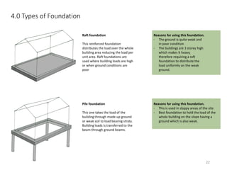 4.0 Types of Foundation
Pile foundation
This one takes the load of the
building through made-up ground
or weak soil to load bearing strata.
Building loads is transferred to the
beam through ground beams.
Raft foundation
This reinforced foundation
distributes the load over the whole
building area reducing the load per
unit area. Raft foundations are
used where building loads are high
or when ground conditions are
poor
Reasons for using this foundation.
- The ground is quite weak and
in poor condition
- The buildings are 3 storey high
which makes it heavy,
therefore requiring a raft
foundation to distribute the
load uniformly on the weak
ground.
Reasons for using this foundation.
- This is used in sloppy areas of the site
- Best foundation to hold the load of the
whole building on the slope having a
ground which is also weak.
22
 