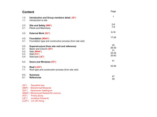 Content
1.0 Introduction and Group members detail. (SI*)
1.1 Introduction to site
2.0 Site and Safety (MM*)
2.1 Plants and Machinery
3.0 External Work (SV*)
4.0 Foundation (MNA*)
4.1 Foundation type and construction process (from site visit)
5.0 Superstructure (from site visit and reference)
5.1 Beam and Column (SI*)
5.2 Slab (MNA*)
5.3 Wall (PZ*)
5.4 Staircase (JE*)
6.0 Doors and Windows (PZ*)
7.0 Roof (LZH*)
7.1 Roof type and construction process (from site visit)
8.0 Summary
8.1 References
(SI*) Saurabha Iyer
(MM*) Muhammad Mubarak
(SV*) Saravanan Vytelingum
(MNA*) Muhammad Nabeel Ali Joomun
(PZ*) Prisha Zenia
(JE*) Jonathan Edwards
(LZH*) Lim Zhi Hong
Page
1
2-6
7-8
9-16
17-24
25
26-30
31
32-34
35-40
41
42-46
47
48
 