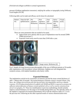 [Fish derived collagen scaffolds in corneal regeneration] 9
pressure (Goldman applanation tonometer), studying the surface or topography (using OrbScan),
Focal lengths (IVCM).
Following table can be made and efficacy can be hence be calculated:
Patient
No.
Time for full
epithelization
Pre
operative
Refraction
Post
operative
refraction
Tear
(per
micron)
Nerve
Density
(per
square
micron)
Visual
acuity
These are some parameters that are needed to be noted.
 Approximate nerve density after an year of implantation must be around 22000-
25000 micron/mm^2.
 Expected visual acuity must be more than 24/40 after a year.
Fig 4. Sample slit lamp biomicroscope photographs of the eyes of different patients at 24 months
after implantation with biosynthetic corneal substitutes. Implants are well-integrated into
recipient corneas, with implant boundaries only barely visible.
Expected Outcome
The implantation carried out by researchers of reference [6] had the mean corneal thickness of
(403 ± 109m) after 24 months. The normal thickness of human cornea is around 534m, [24].
Since, the collagen derived from jelly fish showed better biocompatibility and lesser immune
response, [5] & biofunctionalization of scaffold with YIGSR and RGD is expected to promote the
adhesion and proliferation of human corneal epithelial cells as well as neurite extension from
dorsal root ganglia, [7]. These two modifications in previous methodology should certainly
improve corneal thickness over the range of 24 months during follow-up. The optically clarity of
the implant is expected to be normal (transmittance 95%) with the refractive index of 1.3 as in
the previous test. Following are the other expected results of various characterization tests:
Image source: Reference [6]
 