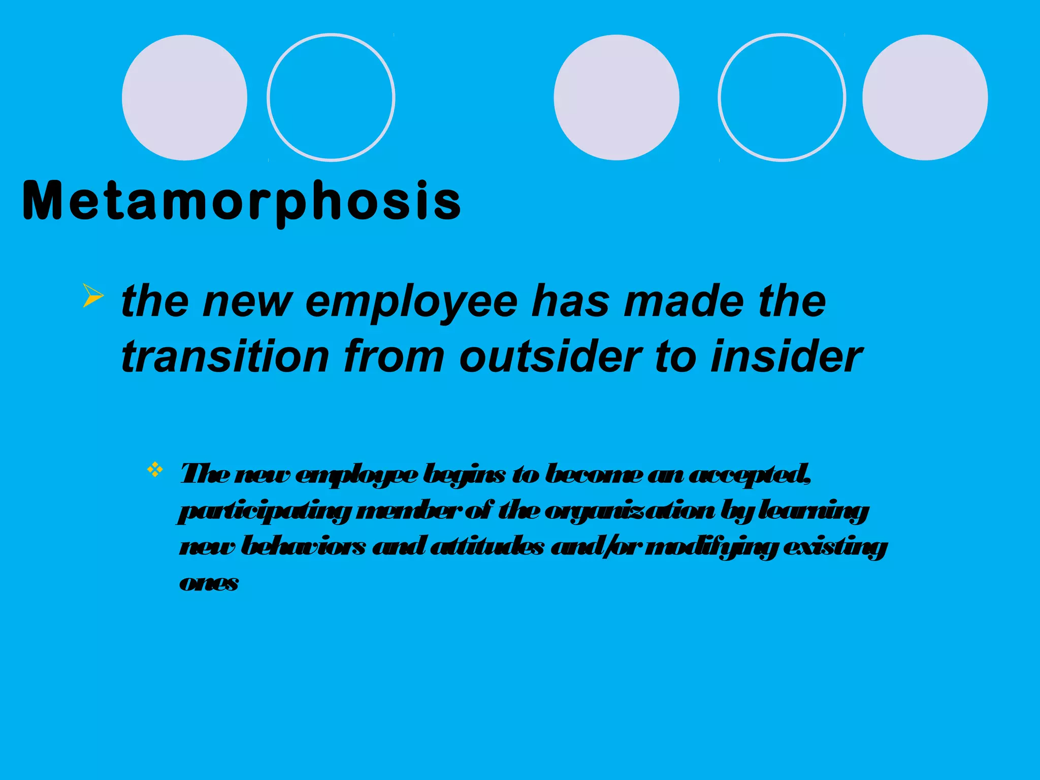 Metamorphosis
 the new employee has made the
transition from outsider to insider
 Thenew employeebegins tobecomeanaccepted,
participatingmemberof theorganizationbylearning
new behaviors andattitudes and/ormodifyingexisting
ones
 