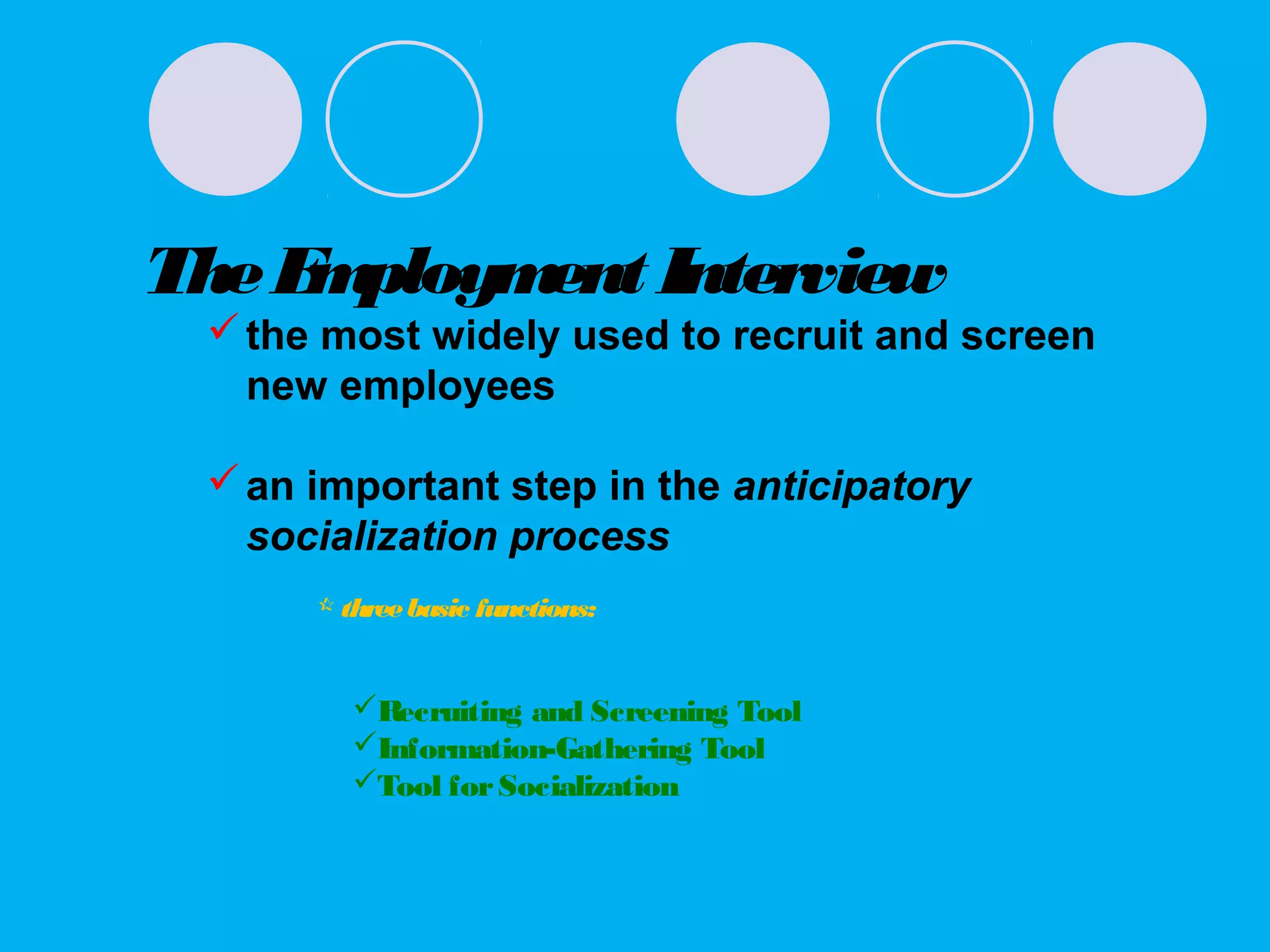 TheEmployment Interview
the most widely used to recruit and screen
new employees
an important step in the anticipatory
socialization process
 threebasic functions:
Recruiting and Screening Tool
Information-Gathering Tool
Tool forSocialization
 