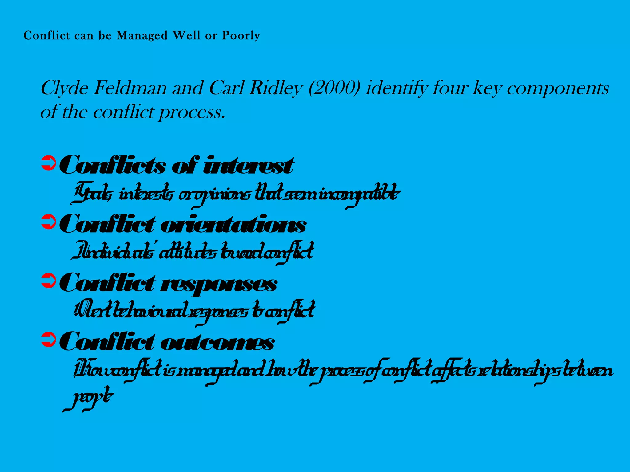 Conflict can be Managed Well or Poorly
Clyde Feldman and Carl Ridley (2000) identify four key components
of the conflict process.
Conflicts of interest
Goals, interests, oropinionsthatseemincompatible
Conflict orientations
Individuals’ attitudestowardconflict
Conflict responses
Overtbehaviouralresponsestoconflict
Conflict outcomes
Howconflictismanagedandhowtheprocessofconflictaffectsrelationshipsbetween
people
 