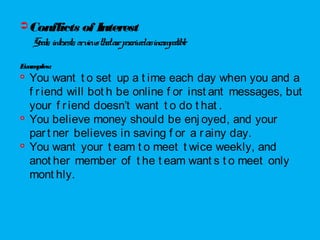 Conflicts of Interest
Goals, interests, orviewsthatareperceivedasincompatible
Examples:

You want t o set up a t ime each day when you and a
f riend will bot h be online f or inst ant messages, but
your f riend doesn’t want t o do t hat .

You believe money should be enj oyed, and your
part ner believes in saving f or a rainy day.

You want your t eam t o meet t wice weekly, and
anot her member of t he t eam want s t o meet only
mont hly.
 