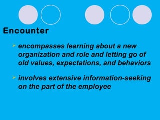 Encounter
 encompasses learning about a new
organization and role and letting go of
old values, expectations, and behaviors
 involves extensive information-seeking
on the part of the employee
 