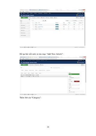 24
Để tạo bài viết mới, ta vào mục “Add New Article”:
Thêm bớt các “Category”:
 