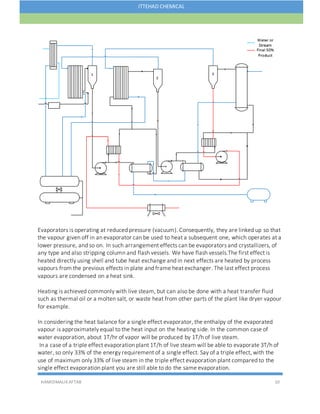 HAMIDMALIKAFTAB 10
ITTEHAD CHEMICAL
Evaporators is operating at reduced pressure (vacuum). Consequently, they are linked up so that
the vapour given off in an evaporator can be used to heat a subsequent one, which operates at a
lower pressure, and so on. In such arrangement effects can be evaporators and crystallizers, of
any type and also stripping column and flash vessels. We have flash vessels.The first effect is
heated directly using shell and tube heat exchange and in next effects are heated by process
vapours from the previous effects in plate and frame heat exchanger. The last effect process
vapours are condensed on a heat sink.
Heating is achieved commonly with live steam, but can also be done with a heat transfer fluid
such as thermal oil or a molten salt, or waste heat from other parts of the plant like dryer vapour
for example.
In considering the heat balance for a single effect evaporator, the enthalpy of the evaporated
vapour is approximately equal to the heat input on the heating side. In the common case of
water evaporation, about 1T/hr of vapor will be produced by 1T/h of live steam.
In a case of a triple effect evaporation plant 1T/h of live steam will be able to evaporate 3T/h of
water, so only 33% of the energy requirement of a single effect. Say of a triple effect, with the
use of maximum only 33% of live steam in the triple effect evaporation plant compared to the
single effect evaporation plant you are still able to do the same evaporation.
 