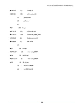 VisualizeGate Control andTrack Switching
28
002B 1144 103 call delay
002D 31EC 104 call track2_side1
105 ; call receive
106 ;call send
107
002F 108 loop:
002F 115A 109 call check_gate
0031 315A 110 call check_same_track
0033 312E 111 CALL check_serial
0035 80F8 112 JMP LOOP
113
0037 114 Ldelay:
0037 7530FF 115 movdelay0,#0ffh
003A 116 l1_Ldelay:
003A 7531FF 117 movdelay1,#0ffh
003D 118 l2_Ldelay:
119 ; MOV DELAY2,#1
120 ; DJNZDELAY2,$
 