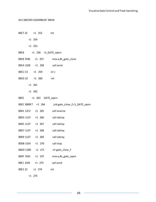 VisualizeGate Control andTrack Switching
35
A51 MACRO ASSEMBLER MAIN
00C7 22 +1 253 ret
+1 254
+1 255
00C8 +1 256 r1_GATE_open:
00C8 7436 +1 257 mova,#s_gate_close
00CA 3105 +1 258 call send
00CC C3 +1 259 clr c
00CD 22 +1 260 ret
+1 261
+1 262
00CE +1 263 GATE_open:
00CE 3000F7 +1 264 jnb gate_close_f,r1_GATE_open
00D1 11F2 +1 265 call reverse
00D3 1137 +1 266 call Ldelay
00D5 1137 +1 267 call Ldelay
00D7 1137 +1 268 call Ldelay
00D9 1137 +1 269 call Ldelay
00DB 11E4 +1 270 call stop
00DD C200 +1 271 clr gate_close_f
00DF 7435 +1 272 mova,#s_gate_open
00E1 3105 +1 273 call send
00E3 22 +1 274 ret
+1 275
 