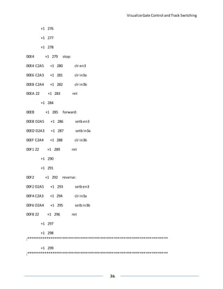 VisualizeGate Control andTrack Switching
36
+1 276
+1 277
+1 278
00E4 +1 279 stop:
00E4 C2A5 +1 280 clr en3
00E6 C2A3 +1 281 clr in3a
00E8 C2A4 +1 282 clr in3b
00EA 22 +1 283 ret
+1 284
00EB +1 285 forward:
00EB D2A5 +1 286 setben3
00ED D2A3 +1 287 setbin3a
00EF C2A4 +1 288 clr in3b
00F1 22 +1 289 ret
+1 290
+1 291
00F2 +1 292 reverse:
00F2 D2A5 +1 293 setben3
00F4 C2A3 +1 294 clr in3a
00F6 D2A4 +1 295 setbin3b
00F8 22 +1 296 ret
+1 297
+1 298
;***********************************************************************
+1 299
;***********************************************************************
 