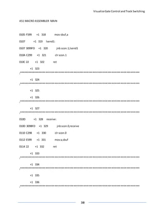 VisualizeGate Control andTrack Switching
38
A51 MACRO ASSEMBLER MAIN
0105 F599 +1 318 mov sbuf,a
0107 +1 319 lsend1:
0107 3099FD +1 320 jnb scon.1,lsend1
010A C299 +1 321 clr scon.1
010C 22 +1 322 ret
+1 323
;**********************************************************************************
+1 324
;**********************************************************************************
+1 325
+1 326
;**********************************************************************************
+1 327
;**********************************************************************************
010D +1 328 receive:
010D 3098FD +1 329 jnbscon.0,receive
0110 C298 +1 330 clr scon.0
0112 E599 +1 331 mova,sbuf
0114 22 +1 332 ret
+1 333
;**********************************************************************************
+1 334
;**********************************************************************************
+1 335
+1 336
;**********************************************************************************
 