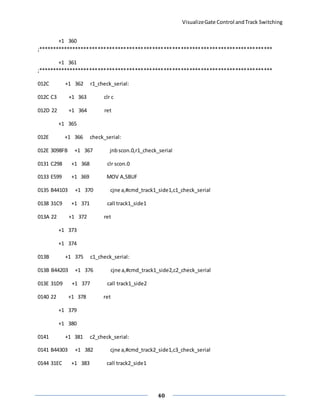 VisualizeGate Control andTrack Switching
40
+1 360
;**********************************************************************************
+1 361
;**********************************************************************************
012C +1 362 r1_check_serial:
012C C3 +1 363 clr c
012D 22 +1 364 ret
+1 365
012E +1 366 check_serial:
012E 3098FB +1 367 jnbscon.0,r1_check_serial
0131 C298 +1 368 clr scon.0
0133 E599 +1 369 MOV A,SBUF
0135 B44103 +1 370 cjne a,#cmd_track1_side1,c1_check_serial
0138 31C9 +1 371 call track1_side1
013A 22 +1 372 ret
+1 373
+1 374
013B +1 375 c1_check_serial:
013B B44203 +1 376 cjne a,#cmd_track1_side2,c2_check_serial
013E 31D9 +1 377 call track1_side2
0140 22 +1 378 ret
+1 379
+1 380
0141 +1 381 c2_check_serial:
0141 B44303 +1 382 cjne a,#cmd_track2_side1,c3_check_serial
0144 31EC +1 383 call track2_side1
 