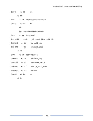 VisualizeGate Control andTrack Switching
46
01C7 22 +1 498 ret
+1 499
01C8 +1 500 c2_check_sametracksensor2:
01C8 22 +1 501 ret
502
503 ;$include (trackswitching.inc)
01C9 +1 504 track1_side1:
01C9 309004 +1 505 jnbtracksw_fb1,r1_track1_side1
01CC 5131 +1 506 call track1_close
01CE 80F9 +1 507 jmptrack1_side1
+1 508
01D0 +1 509 r1_track1_side1:
01D0 5123 +1 510 call track1_stop
01D2 D201 +1 511 setbtrack1_side1_f
01D4 7437 +1 512 mova,#s_track1_side1
01D6 3105 +1 513 call send
01D8 22 +1 514 ret
+1 515
 