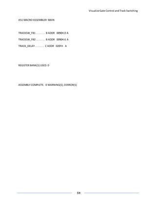 VisualizeGate Control andTrack Switching
59
A51 MACRO ASSEMBLER MAIN
TRACKSW_FB1 . . . . . . . B ADDR 0090H.0 A
TRACKSW_FB2 . . . . . . . B ADDR 0090H.6 A
TRACK_DELAY . . . . . . . C ADDR 020FH A
REGISTER BANK(S) USED: 0
ASSEMBLY COMPLETE. 0 WARNING(S),0ERROR(S)
 