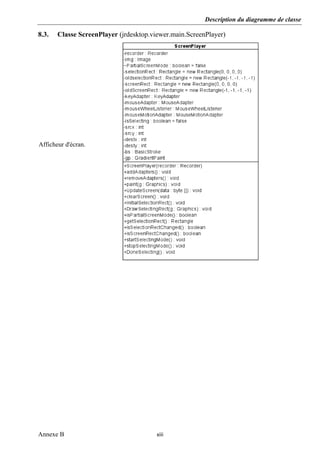Description du diagramme de classe
Annexe B   xiii 
 
8.3. Classe ScreenPlayer (jrdesktop.viewer.main.ScreenPlayer)
Afficheur d'écran.
 
 
 