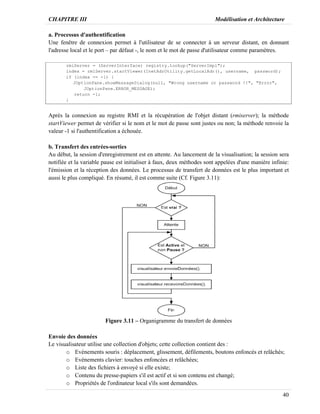 CHAPITRE III Modélisation et Architecture
40
a. Processus d'authentification
Une fenêtre de connexion permet à l'utilisateur de se connecter à un serveur distant, en donnant
l'adresse local et le port – par défaut -, le nom et le mot de passe d'utilisateur comme paramètres.
rmiServer = (ServerInterface) registry.lookup("ServerImpl");
index = rmiServer.startViewer(InetAdrUtility.getLocalAdr(), username, password);
if (index == -1) {
JOptionPane.showMessageDialog(null, "Wrong username or password !!", "Error",
JOptionPane.ERROR_MESSAGE);
return -1;
}
Après la connexion au registre RMI et la récupération de l'objet distant (rmiserver); la méthode
startViewer permet de vérifier si le nom et le mot de passe sont justes ou non; la méthode renvoie la
valeur -1 si l'authentification a échouée.
b. Transfert des entrées-sorties
Au début, la session d'enregistrement est en attente. Au lancement de la visualisation; la session sera
notifiée et la variable pause est initialiser à faux, deux méthodes sont appelées d'une manière infinie:
l'émission et la réception des données. Le processus de transfert de données est le plus important et
aussi le plus compliqué. En résumé, il est comme suite (Cf. Figure 3.11):
Figure 3.11 – Organigramme du transfert de données
Envoie des données
Le visualisateur utilise une collection d'objets; cette collection contient des :
o Evénements souris : déplacement, glissement, défilements, boutons enfoncés et relâchés;
o Evénements clavier: touches enfoncées et relâchées;
o Liste des fichiers à envoyé si elle existe;
o Contenu du presse-papiers s'il est actif et si son contenu est changé;
o Propriétés de l'ordinateur local s'ils sont demandées.
 