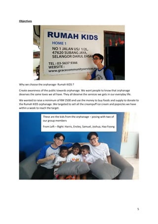 5
Objectives
Why we choose the orphanage- Rumah KIDS ?
Create awareness of the public towards orphanage. We want people to know that orphanage
deserves the same loves we all have. They all deserve the services we gets in our everyday life.
We wanted to raise a minimum of RM 2500 and use the money to buy foods and supply to donate to
the Rumah KIDS orphanage. We targeted to sell all the creampuff ice cream and popsicles we have
within a week to reach the target.
These are the kids from the orphanage – posing with two of
our group members
From Left – Right: Harris, Ensley, Samuel, Joshua, Hao Foong
 