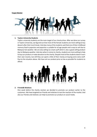 6
Target Market
1. Taylors University Students
Taylors university students are the main target of our charity drive. After we done our survey
in Taylors University, we figured out that most of the female students are more willing to buy
dessert after their lunch break. And also many of the students said that one of their childhood
memory food is popsicles and popsicles is suitable for all age people and is easy to sell due to
Malaysia hot weather. We are also selling ice cream puff which is also a good selling product
due to Malaysia weather. And also when it comes to charity, students are more willing to help
to buy our product or make donation to the charity. Despite most of the students doesn’t earn
their own income, but still they can spent a little of their money on buying some extra stuff.
Due to the situation above. We have set our product price as low as possible for students to
afford.
2. Friends& Relatives
One week before the charity started, we decided to promote our product earlier to the
customers. We have targeted our friends and relatives to test the reaction of the market. And
also our friends and relatives can help to promote our product on social media.
 