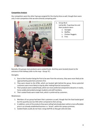 8
Competition Analysis
Our competitors were the other 9 groups assigned for the charity drive as well, though there were
only 3 main competitors that we were directly competing with.
Basically, this groups main products were cooked foods. And they were located closest to the
entrance of the hallway (refer to the map – Group ‘6’).
Strengths:
1. Due to their location being the first to be seen from the entrance, they were more likely to be
approached by potential customers first.
2. They were closest to the ATMs, which are located right behind the group. Hence potential
customers were more likely to stop by after making financial transactions.
3. Their products were cooked foods, which are more preferred compared to desserts or snacks,
hence widely demanded amongst students and staff members.
4. Their cooked foods were made fresh, which is preferred by customers.
Weaknesses:
1. Members of our group had been their customers as well, though that the food tasted good
but the quantity was too little when compared to their pricing.
2. In addition, some of the products they were selling had already been sold at a more affordable
price in an already established business i.e. ‘Arisan’, within the campus premises.
3. Cooked foods usually do not have a long shelf life as they get cold and stale.
1. Group No.6
Led by Ms. Tung Siew Hui and
their products were :
a. Sausages
b. Waffles
c. Chicken Nuggets
d. Fries
 